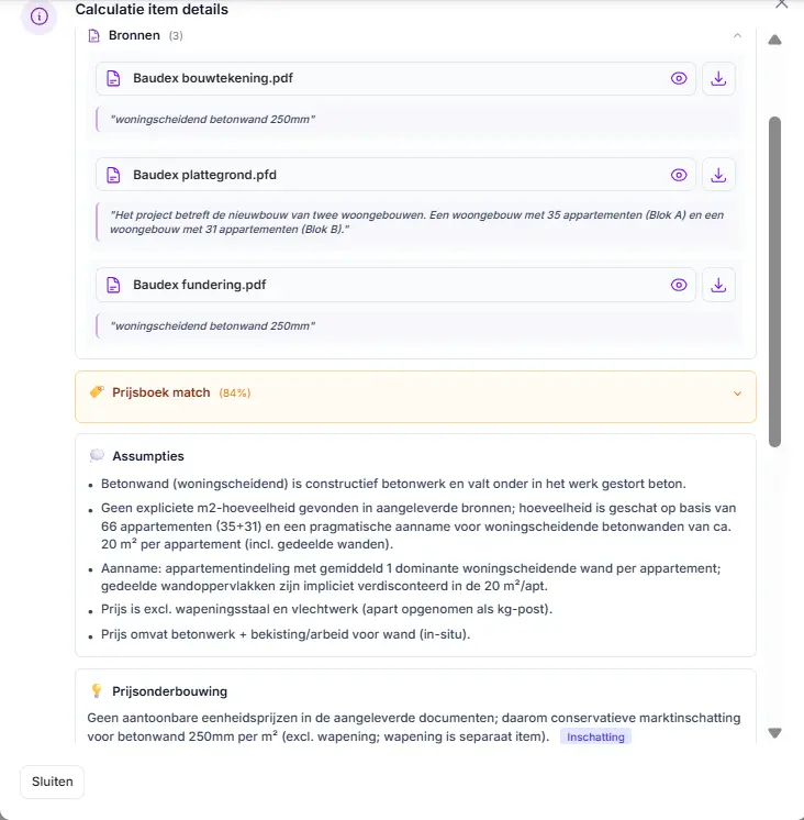 Calculatie-item in Baudex met gekoppelde bronnen, prijsboekmatch, aannames en prijsonderbouwing.