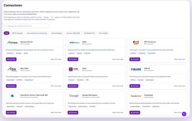 Connectoren-catalogus in Baudex met ERP-, document-, aanbestedings- en samenwerkingssystemen.
