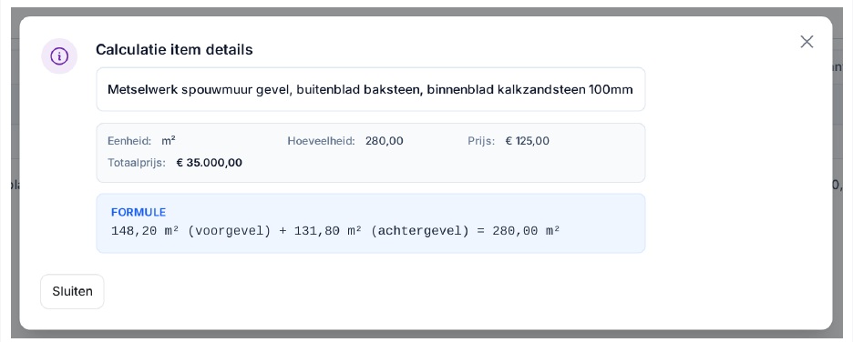 Formuleweergave waarmee de herkomst van een berekende hoeveelheid zichtbaar wordt.