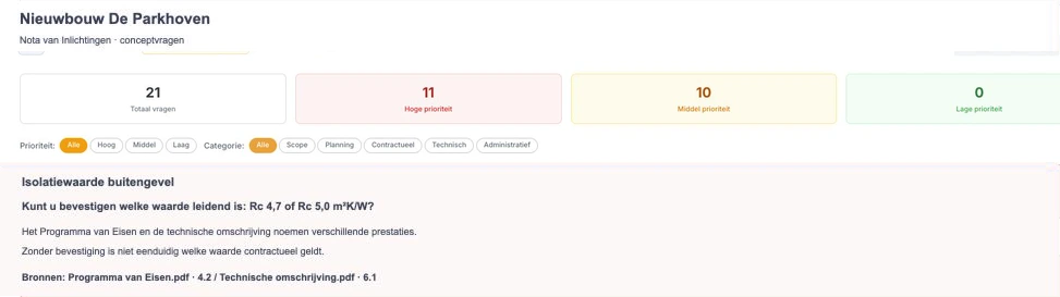 Baudex-weergave waarin een nota van inlichtingen naast relevante projectcontext wordt beoordeeld.