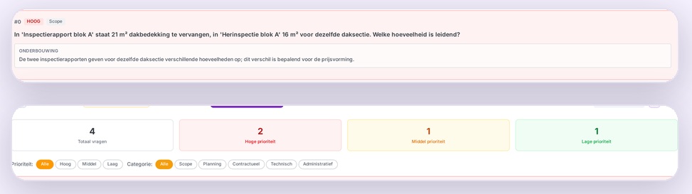 NvI-overzicht waarin Baudex een verschil tussen 21 en 16 vierkante meter signaleert en omzet in een vraag.