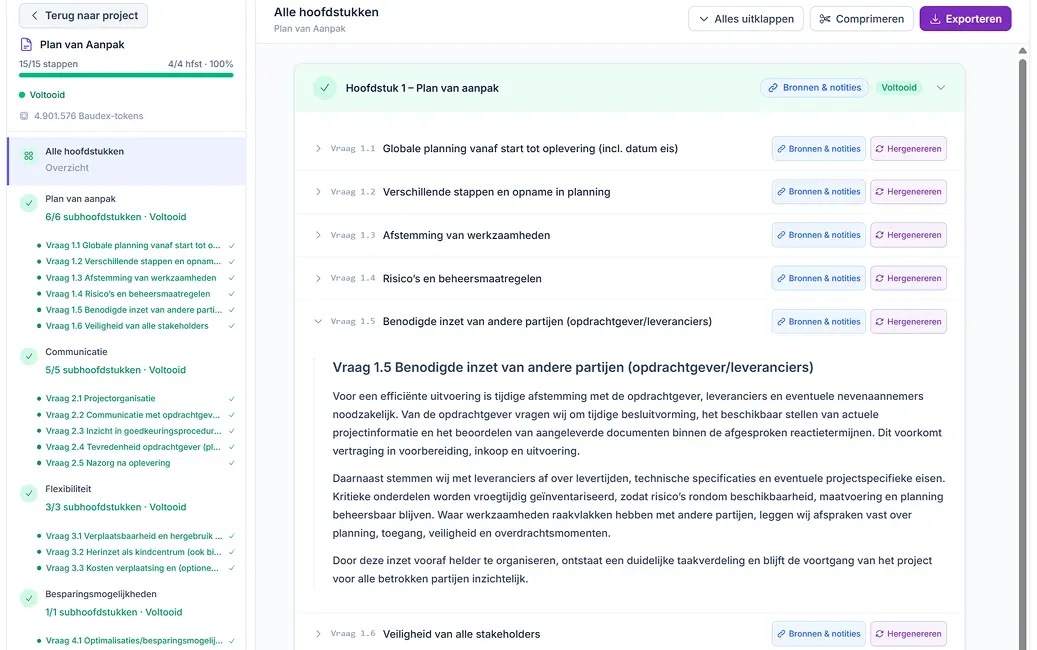 Plan van Aanpak in Baudex met hoofdstukken, vragen, bronnen, notities en voortgangsstatus.