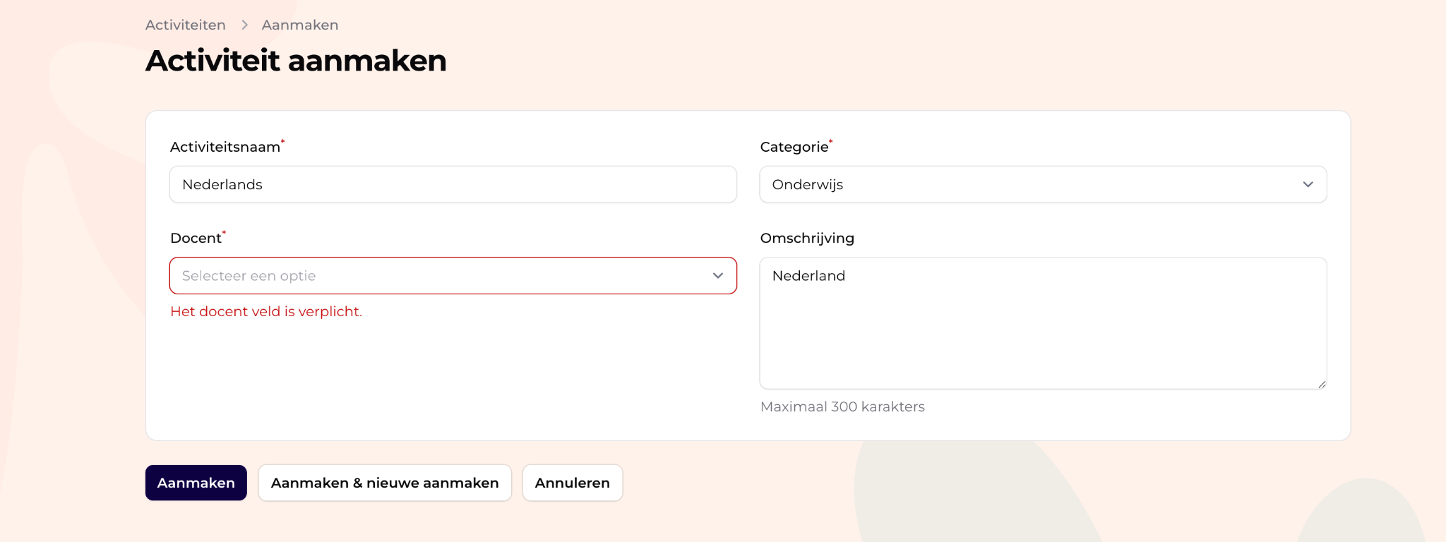 PIP-formulier voor een onderwijsactiviteit, met een validatiemelding voor een verplicht veld.
