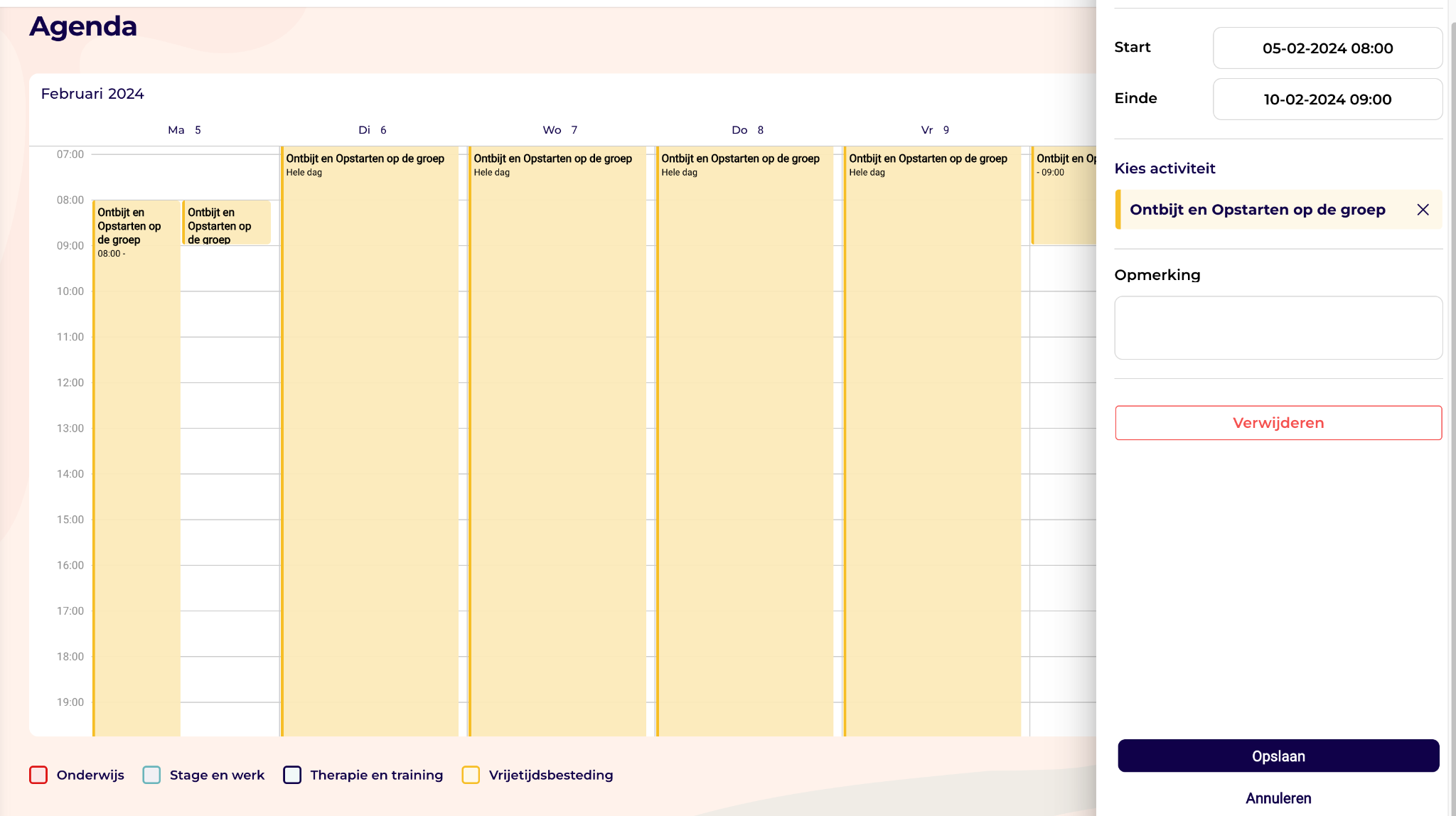 PIP-agenda met een activiteit en het paneel waarmee een professional de afspraak controleert of aanpast.