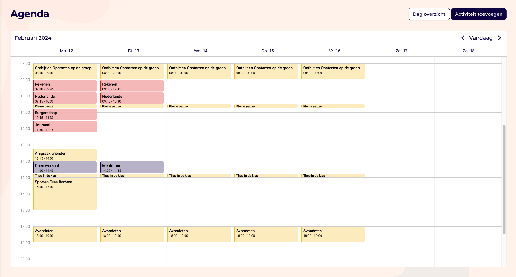 Weekoverzicht in PIP met onderwijs, begeleiding en activiteiten in één agenda.