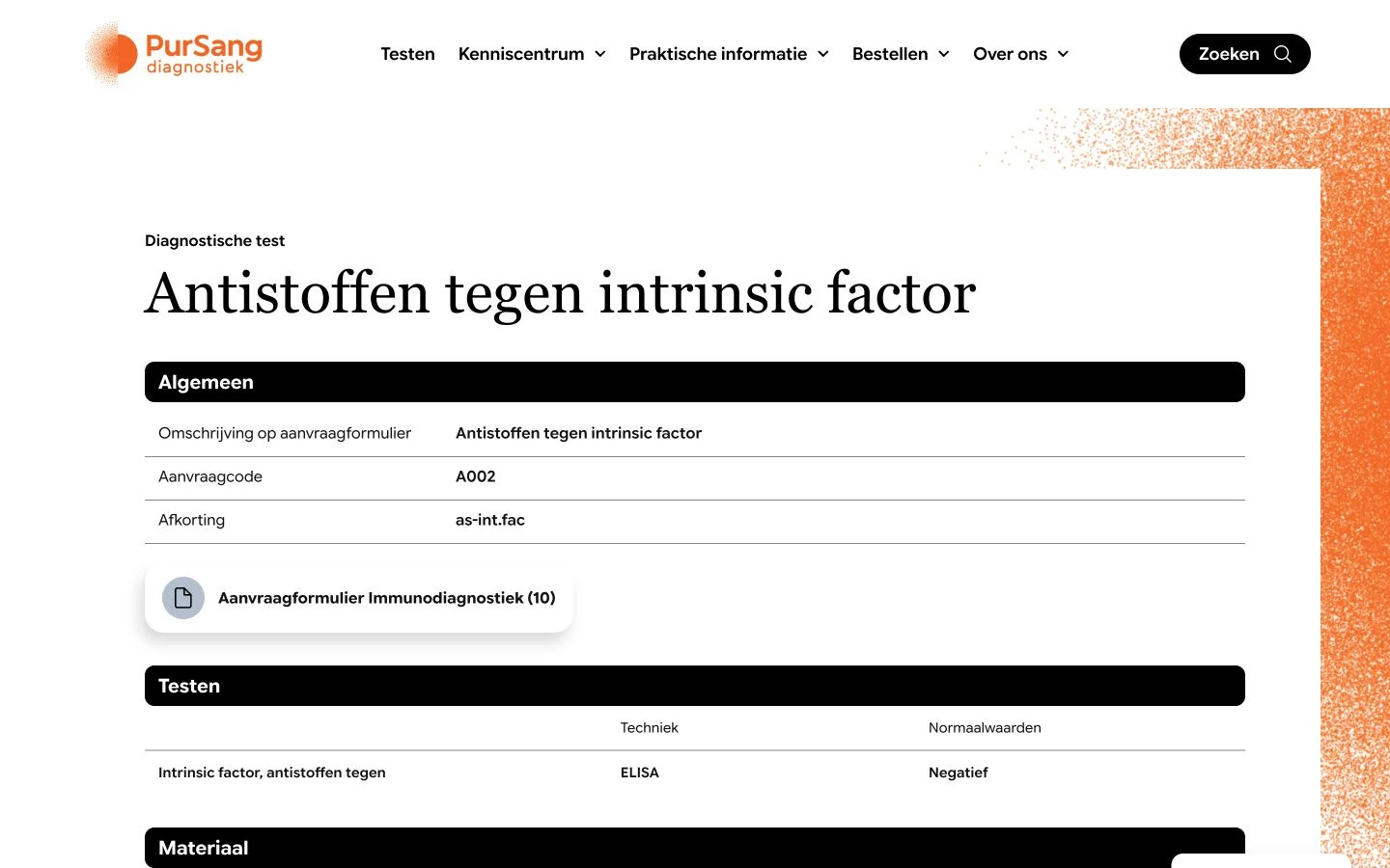Testdetail met aanvraagcode A002 en een directe verwijzing naar het formulier.