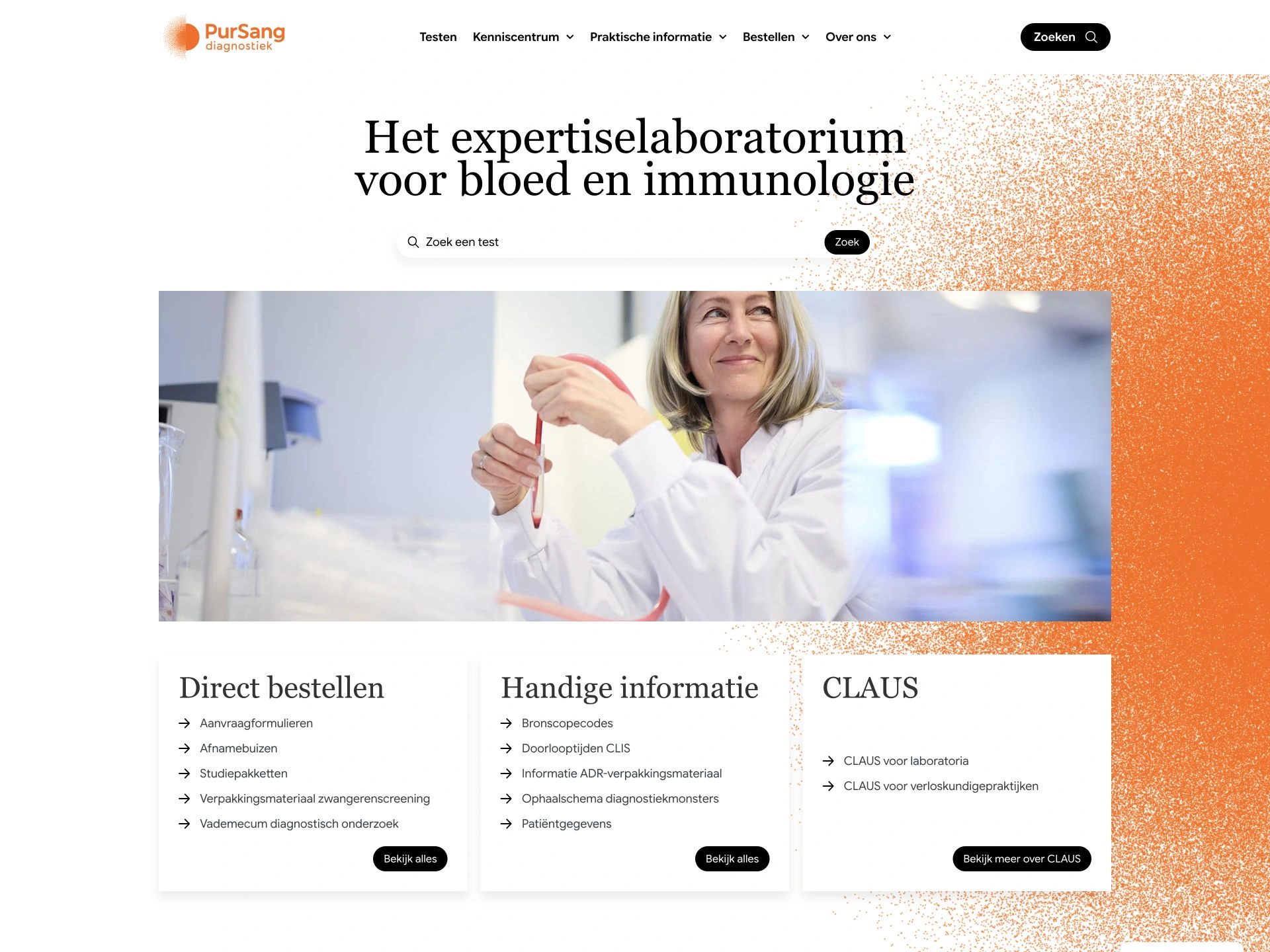 PurSang-homepage met oranje merkbeeld, laboratoriumfotografie en directe routes.