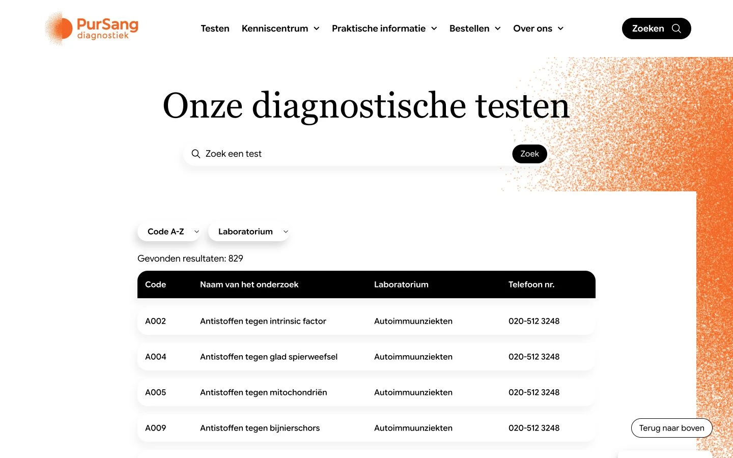 Testzoeker met zoeken op naam of code en filteren op laboratorium.