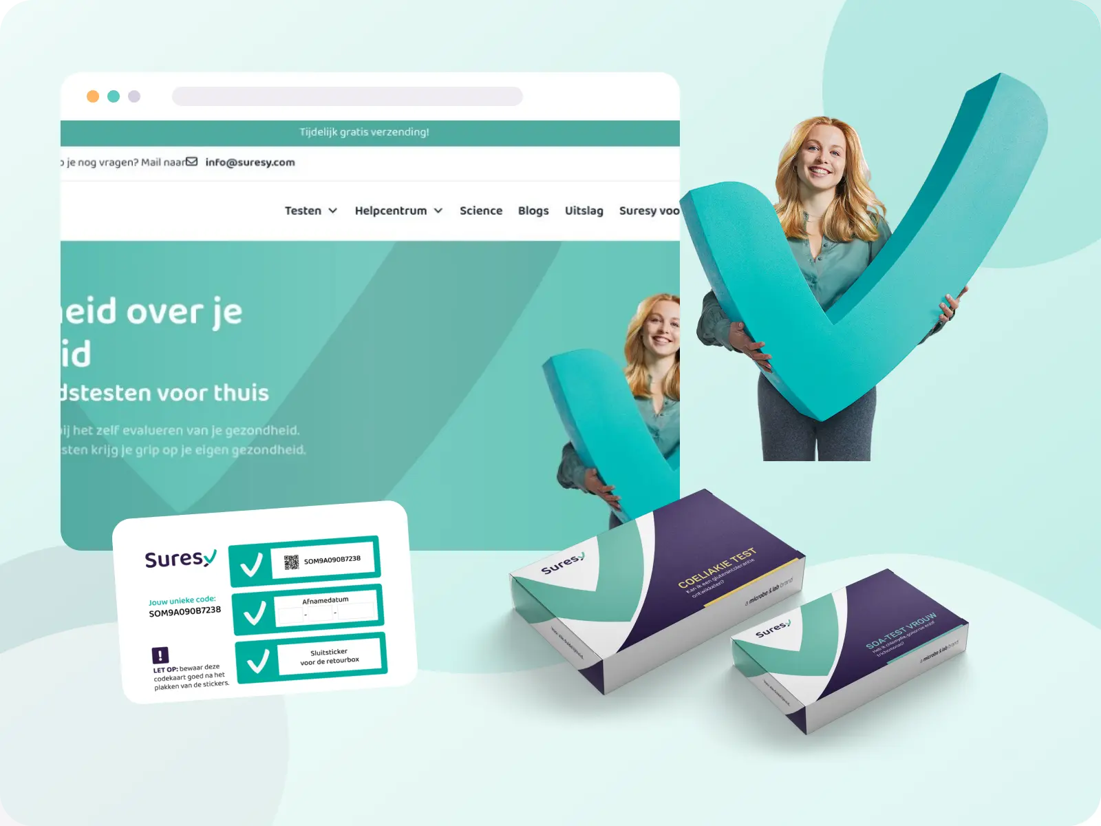 Suresy-producten, de publieke testomgeving en een persoon met het herkenbare Suresy-vinkteken.