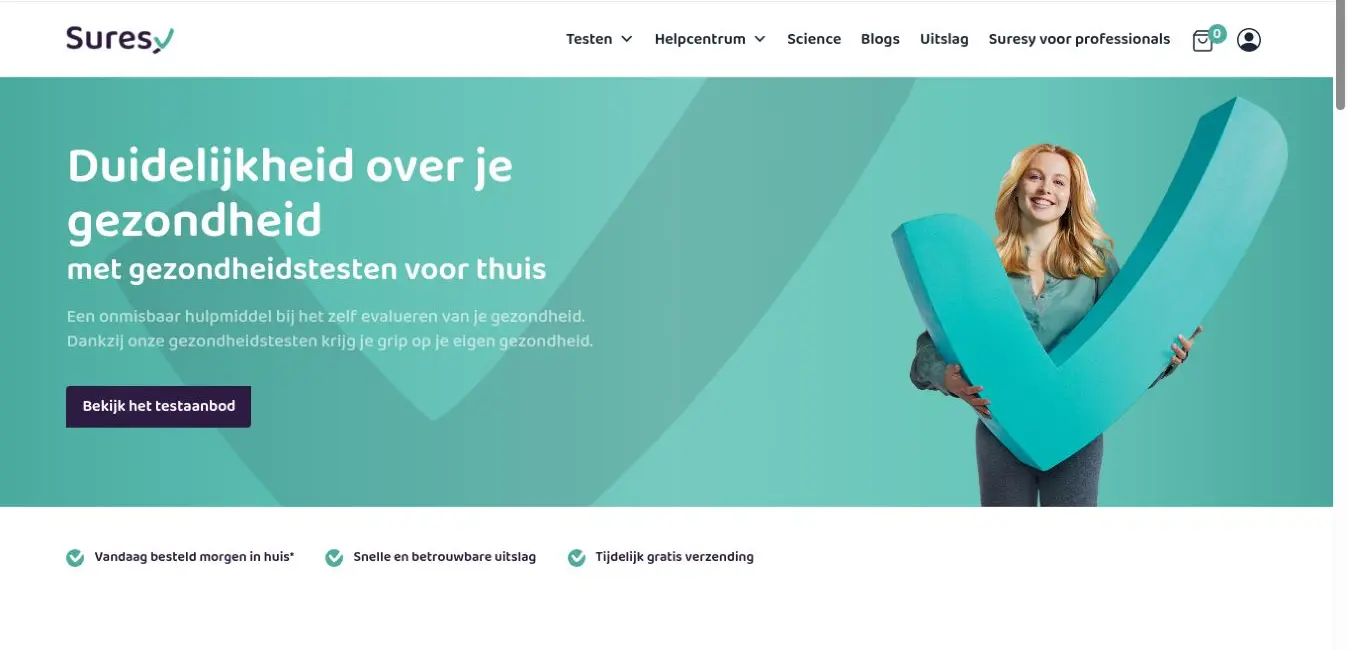 De actuele Suresy-homepage met gezondheidstesten voor thuis.