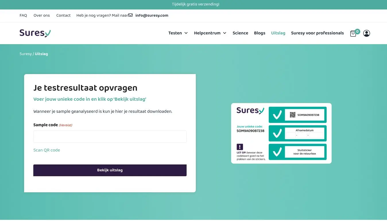 Suresy-pagina voor het opvragen van een testresultaat met een unieke code.
