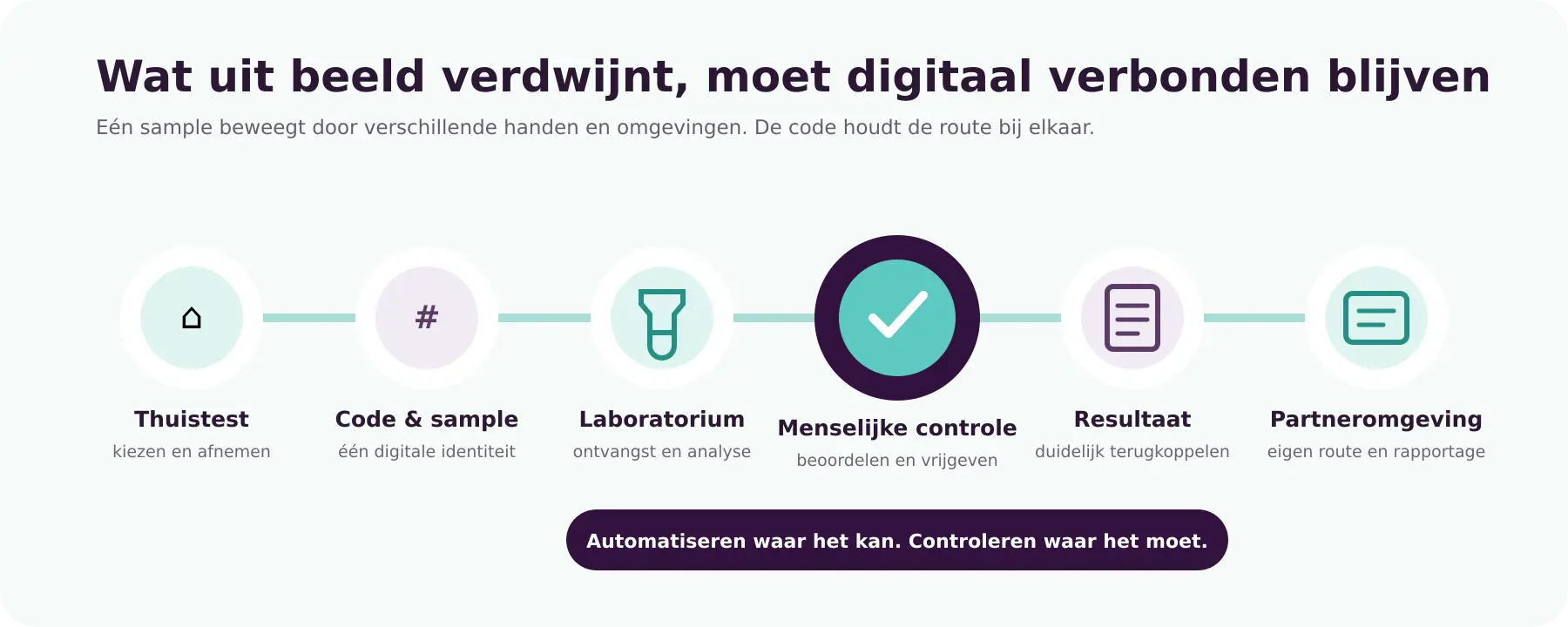 Zes stappen van thuistest en samplecode tot menselijke controle, resultaat en leveranciersportaal.