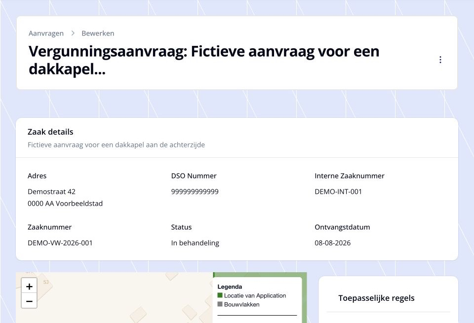 Fictieve VergunWijzer-demo met zaakdetails, locatiecontext en toepasselijke regels