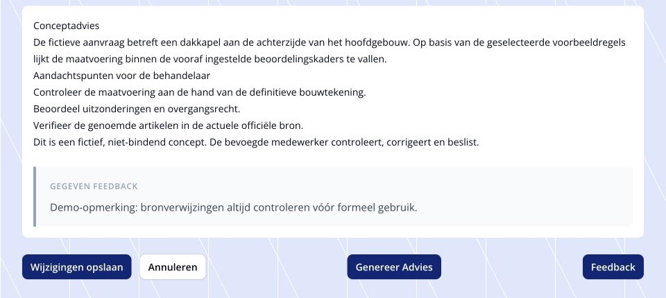 Bewerkbaar conceptadvies met feedbackveld en acties voor de behandelaar