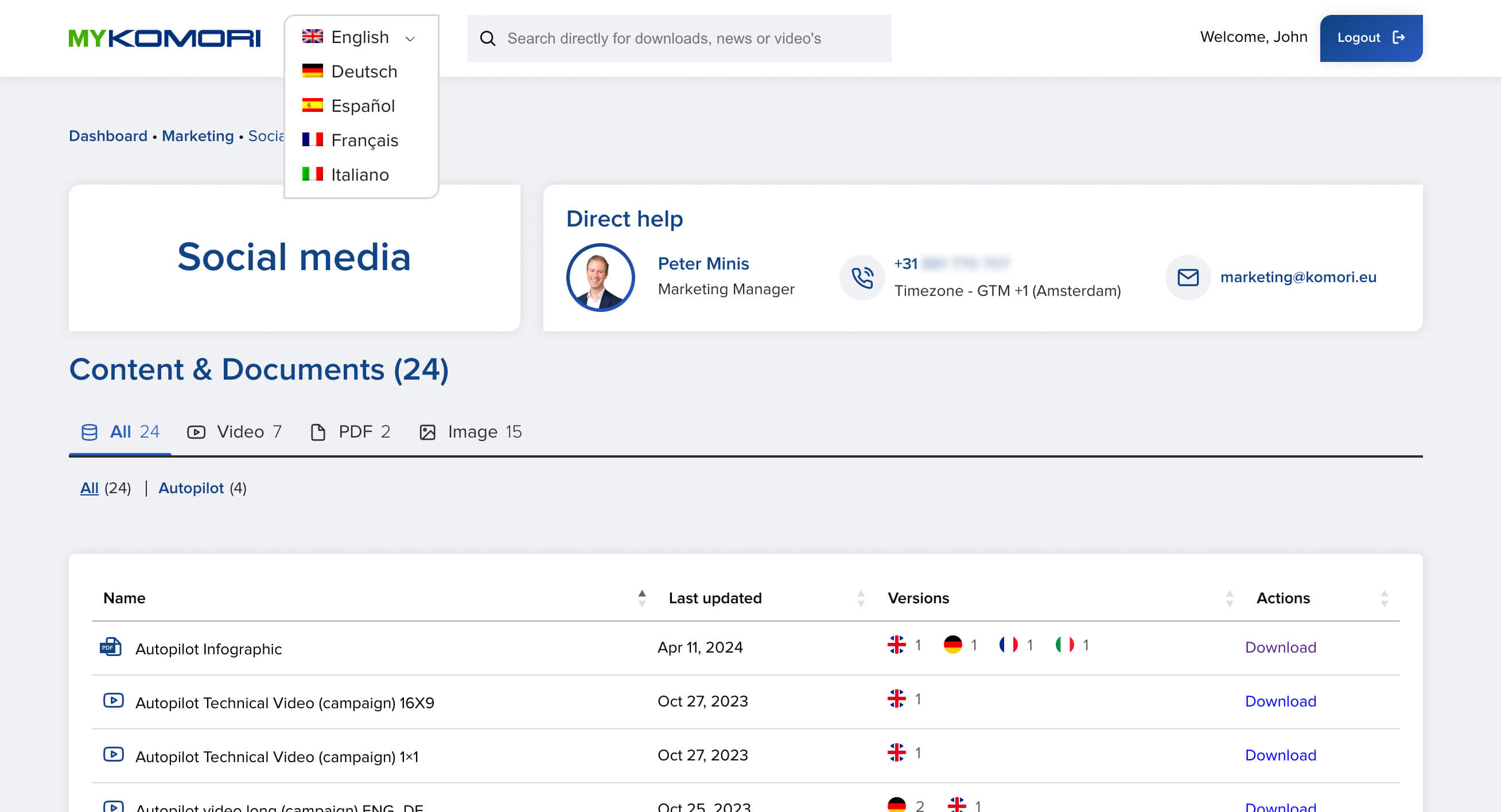 Een webportaal dat dient als mediabibliotheek voor de dealers van Komori