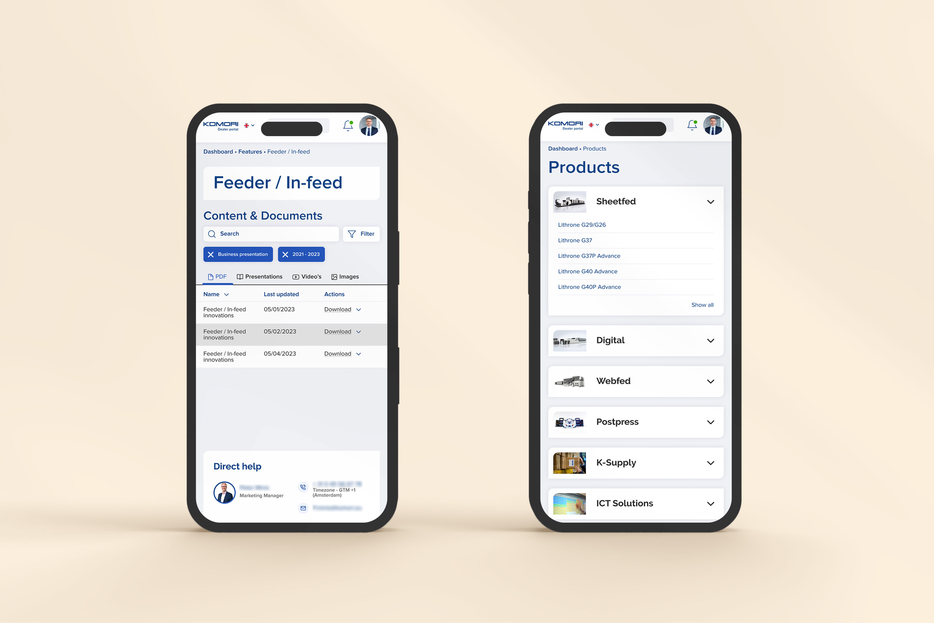Een webportaal dat dient als mediabibliotheek voor de dealers van Komori