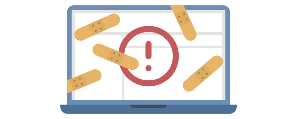 illustratie van een laptop die een kapotte website weergeeft, waarbij op de laptop zelf allemaal pleisters zijn geplakt