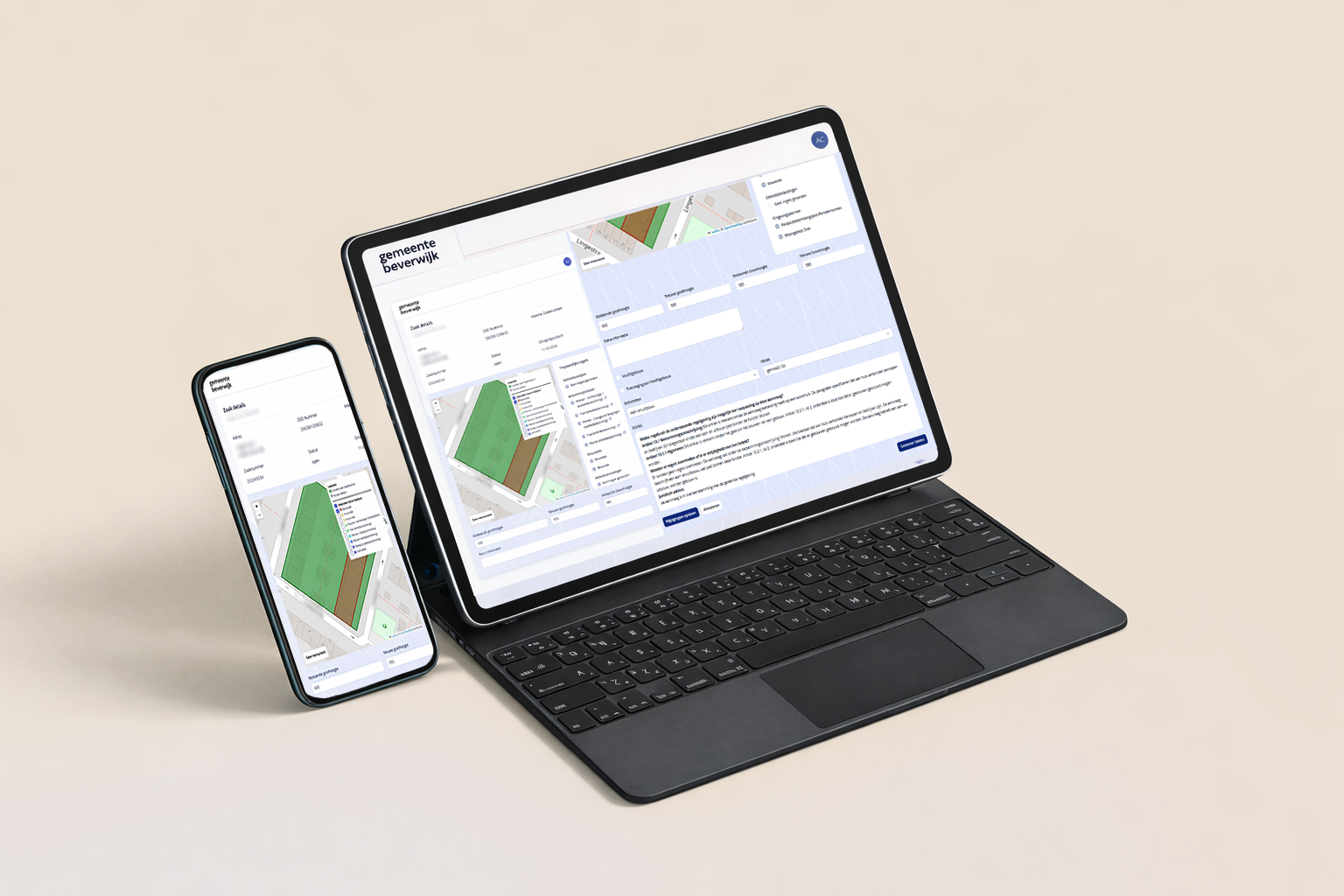 VergunWijzer op een tablet en telefoon met dossier- en kaartinformatie